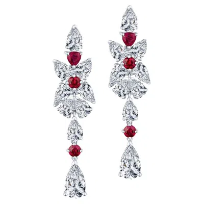 Pre-owned Shaftel Diamond Co. 7.00ctw Rose Cut Diamonds & 1.25ctw Ruby 18k White Gold Drop Earrings