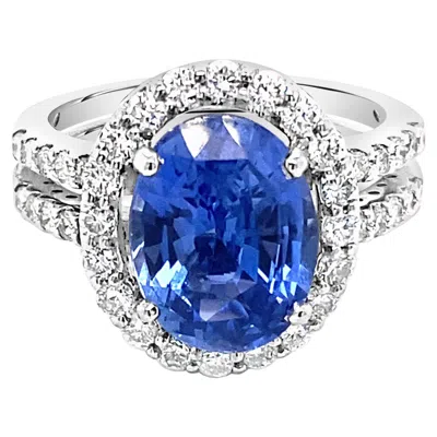 Pre-owned Shaftel Diamond Co. Gia 4.61 Carat Oval Burma Sapphire Ring With 0.73ctw Diamond Halo Cocktail Ring In Blue