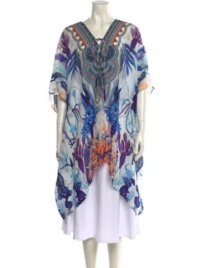 Pre-owned Shahida Parides Printed Tie Neck Tunic In Blue