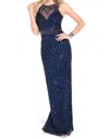 Shail K Hand Beaded Gown With High Slit In Navy In Blue
