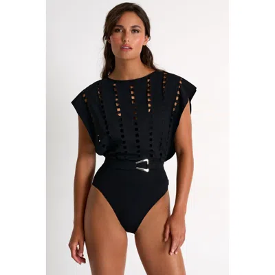 Shan Elegant One-piece Swimsuit With Mosaic Cutouts In Black