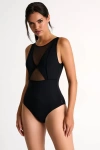 Shan High-neck Grid Mesh One-piece In Black