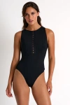 Shan High-neck One-piece Swimsuit With Mosaic Cutouts In Black