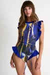 Shan High-neck One-piece Swimsuit With Ruffled Shoulders In Print
