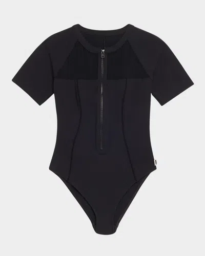 Shan Mesh Zip-up One-piece Swimsuit In Black