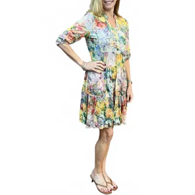 Shana Apparel 3/4 Sleeve Tier Crinkle Dress In Garden In Multi