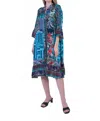 Shana Apparel Blue Print Button Collar Midi Dress In Blue
