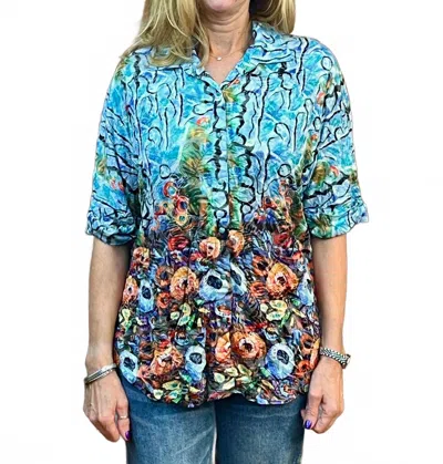Shana Apparel Dolman Crinkle Snap Button Shirt In Multi In Blue