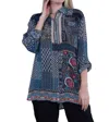 Shana Apparel Patchwork Print Button Up Tunic Top In Navy In Blue