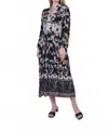 Shana Apparel Sunflower Gather Bodice Long Sleeve Dress In Black In Multi