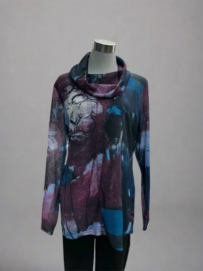 Shana Apparel Women's Slub Knit Cowl Neck Longsleeve Top In Purple/blue In Multi