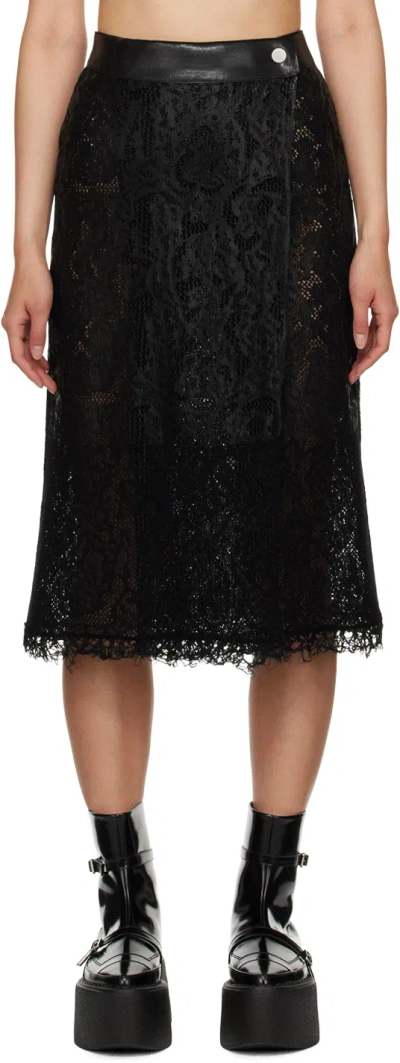 Shang Xia Womens Black Lace-embroidered Raw-hem Wool-blend Midi Skirt
