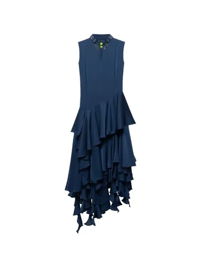 Shanghai Tang Bead-embellished Ruffled Qipao Dress In Blue