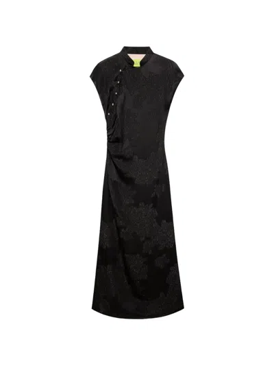 Shanghai Tang Floral Qipao Ruched Midi Dress In Black