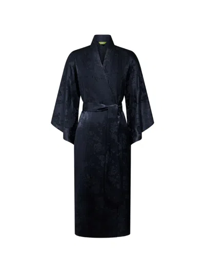 Shanghai Tang Floral Silk Dressing Gown In Blue