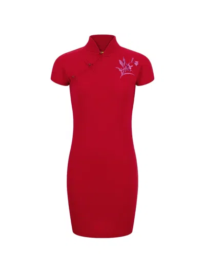 Shanghai Tang Floral-embroidered Mini Dress In Red