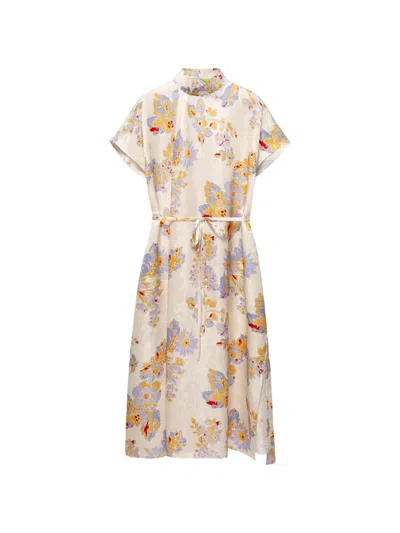 Shanghai Tang Floral-print Silk Midi Dress In Gold