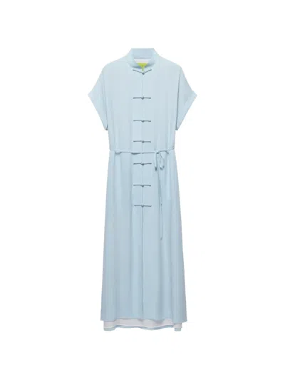 Shanghai Tang Frog-button Belted Shirt Dress In Blue