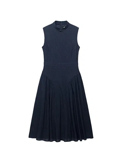 Shanghai Tang Meridien Seersucker Frog-fastening Midi Dress In Blue