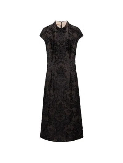 Shanghai Tang Qipao Embroidered Midi Dress In Black