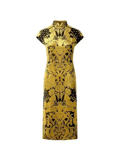 Shanghai Tang Tang Velvet-devoré Qipao Dress In Yellow