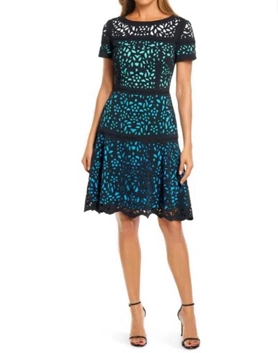 Shani Colorblock Laser Cut Fit & Flare Dress In Teal