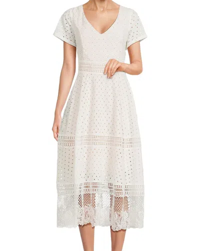 Shani Focus By  V-neck Cotton Eyelet Midi Dress In White