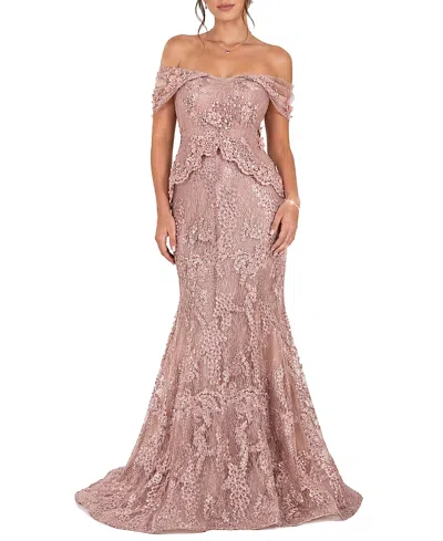 Shani Off The Shoulder Embroidered Gown With 3d Applique In Pink