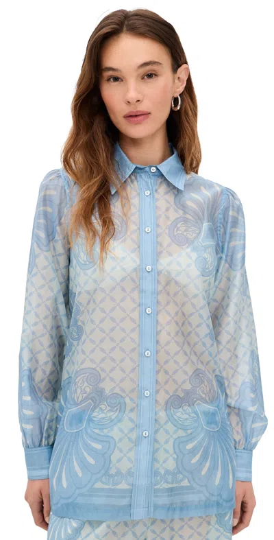 Shani Shemer Susan Button Down Shirt Aqua Shell Print In Blue