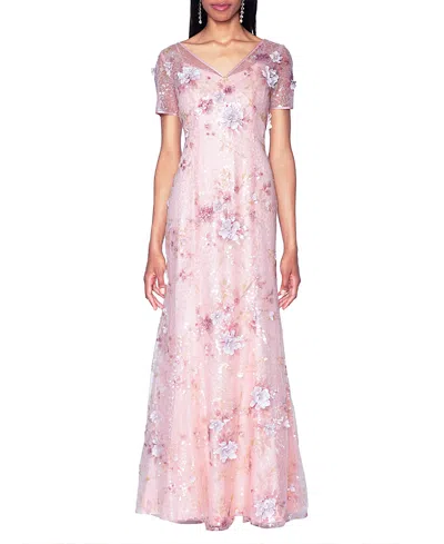 Shani V-neck Embroidered Gown With 3d Floral Applique In Multi