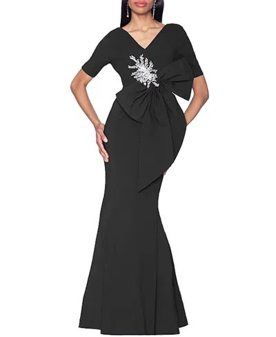 Shani V-neck Gown With Dramatic Bow And Crystal Detail In Black