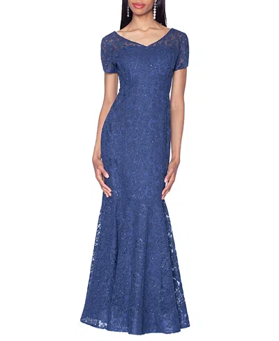 Shani V-neck Lace Gown With All Over Crystals In Blue