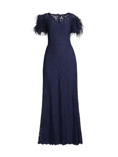 Shani Women's Lace & Feather V-neck Gown In Navy