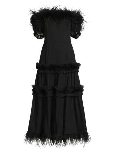 Shani Women's Off-the-shoulder Feather-trim Maxi Dress In Black