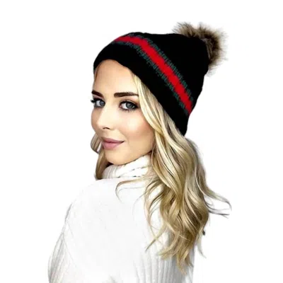 Shannagains Jewels Chic & Cozy Striped Pom-pom Beanie In Black