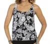 Shape Solver Intermingle Side Tie Blouson Tankini Top In Sol Black And White In Black