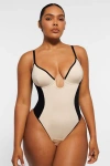Shapellx Airslim Deep Plunge Thong Shaping Bodysuit In Ivory
