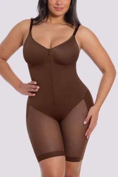 Shapellx Body Shaper With Zipper Crotch Mid-thigh Bodysuit In Brown