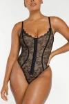 Shapellx Lace Glamour Flawless Fit Thong Bodysuit In Jet Black
