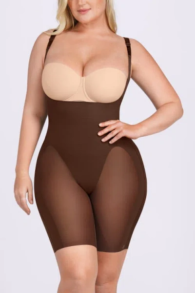 Shapellx Open Bust Mid-thigh Shapewear Bodysuit In Brown