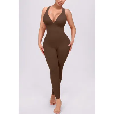 Shapellx Plunge Built-in Bra Shaping Jumpsuit In Brown