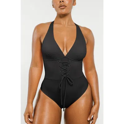 Shapellx Plunge Lace-up Tummy Control One-piece Swimsuit In Black