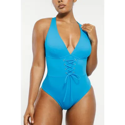 Shapellx Plunge Lace-up Tummy Control One-piece Swimsuit In Blue