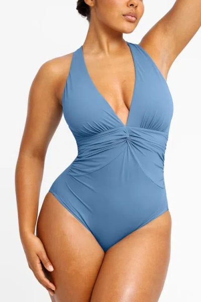 Shapellx Ruched Twist-front Shaping Swimsuit In Blue