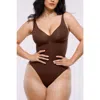 Shapellx Skin Flow Zipper Front Thong Bodysuit In Brown