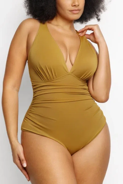 Shapellx Smart Sculpt Plunge Cutout Swimsuit In Brown