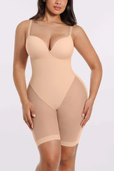 Shapellx Women Body Shaper Low Back Mid-thigh Bodysuit In Brown
