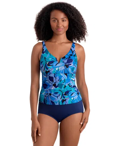 Shapesolver By Mimi Flamingo Women's Divine Solids V-wired Shirred Tankini Swimsuit Top In Blue