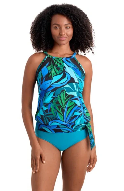 Shapesolver High Neck Mesh Blouson Plus Size Tankini Swimsuit Top In Blue