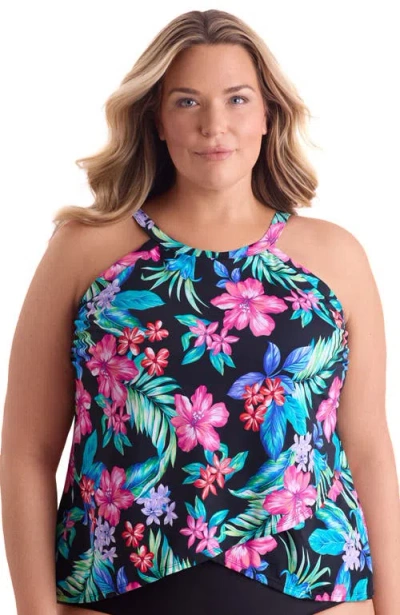 Shapesolver High Neck Tankini Plus Size Swimsuit Top In Black